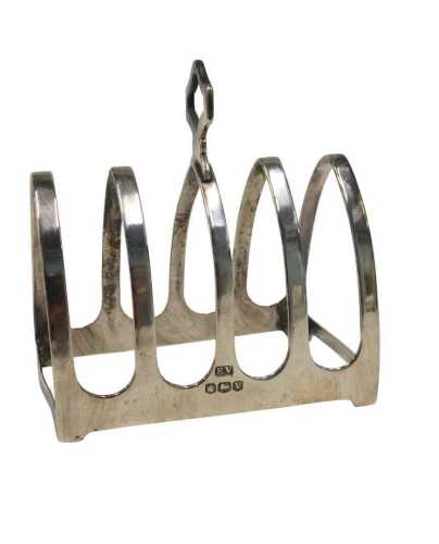 A George V silver four sectional toast rack, with mitre handle and sections, by Edward Viner,...
