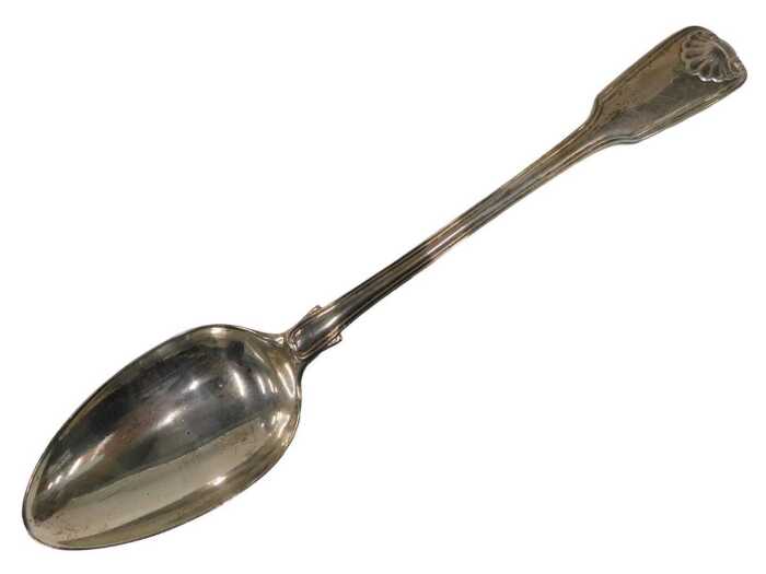 A William IV silver basting spoon, shell capped Fiddle pattern, London 1834, 30cm, 6.3oz.