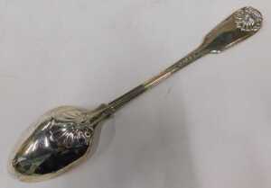 A William IV silver basting spoon, shell capped Fiddle pattern, London 1834, 30cm, 6.3oz. - 2
