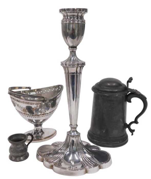 A 19thC silver plated single candlestick, with urn sconce, tapering stem, on oval floral base,...