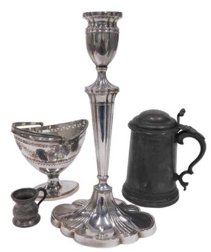 A 19thC silver plated single candlestick, with urn sconce, tapering stem, on oval floral base,...