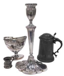 A 19thC silver plated single candlestick, with urn sconce, tapering stem, on oval floral base,...