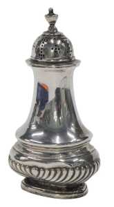 A Victorian silver pepper pot, with urn finial, pierced domed lid, inverted stem and part...