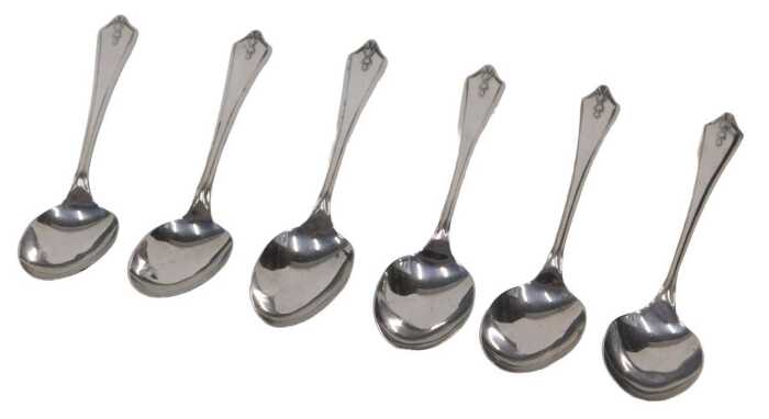 A set of six George V silver teaspoons, with shaped handles and plain bowls, by Barker Brothers...