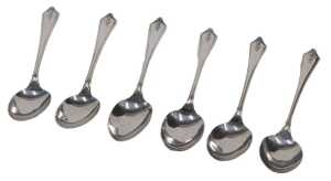 A set of six George V silver teaspoons, with shaped handles and plain bowls, by Barker Brothers...