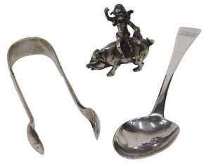 A late 19thC miniature figure group of a cherub riding pig, Chester import marks 1898, 3cm high,...