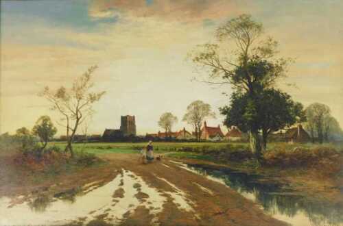 William E Harris (1860-1930). After the Rain, oil on canvas, signed, 59cm x 89.5cm. Label...