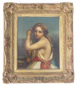 19thC Continental School. Classical maiden, oil on metal plaque, 37.5cm x 30cm. - 2