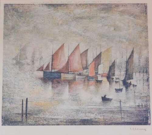 Laurence Stephen Lowry (1887-1976). Sailing boats, artist signed coloured print, 32.5cm x 36cm.