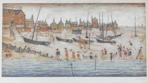 Laurence Stephen Lowry (1887-1976). Deal Beach, artist signed coloured print, 30cm x 52.5cm.