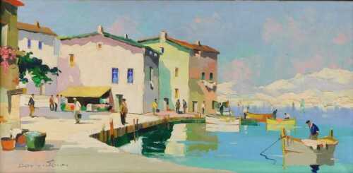 Cecil Rochfort D'Oyly-John (1906-1993). Harbour scene, oil on board, signed, 35cm x 70.5cm.