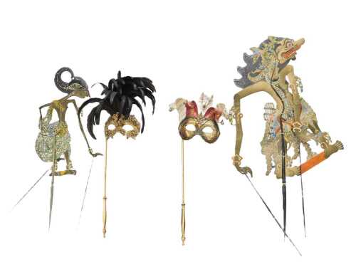 Various decorative items and effects, various hand held masques, an Eastern articulated puppet,...