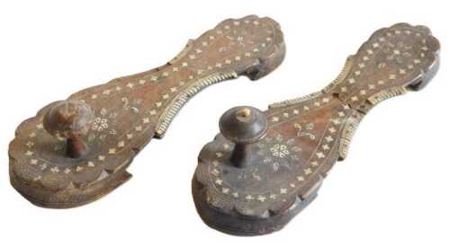 A pair of 19thC North Indian Hoshiapur hardwood and ivory inlaid shoes, 26cm long. Offsite Sale...