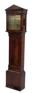 A Regency flame mahogany longcase clock, the arched hood with quarter inset columns, over a...
