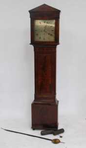 A Regency flame mahogany longcase clock, the arched hood with quarter inset columns, over a... - 2