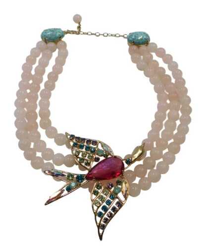 A Philippe Ferrandis of Paris costume jewellery necklace, of three layered rose quartz design,...