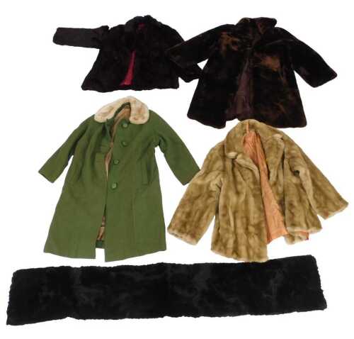 Fur coats, comprising a Coney jacket, size 14, a brown fur coat, a black fur stole, and a...