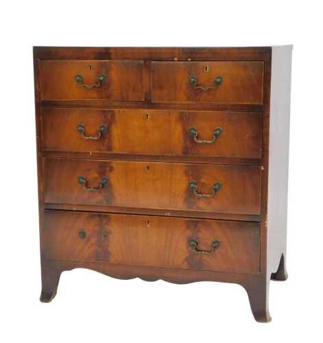 A 20thC walnut chest in George III style, with two short and three long drawers, raised on...