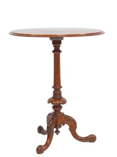 A Victorian walnut occasional tripod table, the oval burr-wood top with cross-banded inlay, on a...