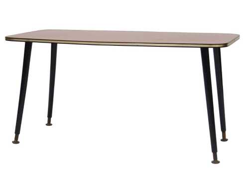 A mid 20thC coffee table, the rectangular wooden veneered top with a rounded edge and raised on...