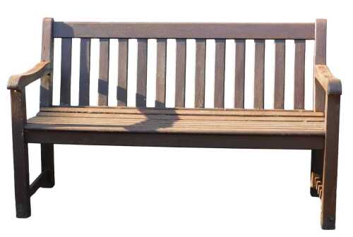 A stained teak garden bench, with a slatted seat and back, on square legs united by stretchers,...