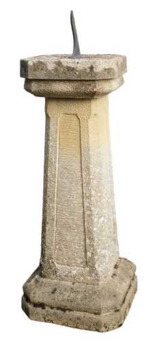 A stone garden sundial, the square canted top raised on a tapering column, on a square canted...