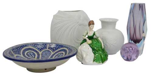 Two Kaiser bisque porcelain vases, one of compressed form, 20cm high, and the other of globular...