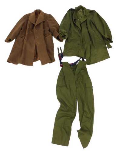 An Army trench coat, bearing a label for Governmental Use, together with a pair of green...
