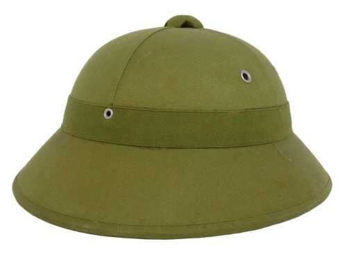 A Vietnam War period green pith helmet, with black plastic liner and elasticated chin strap,...