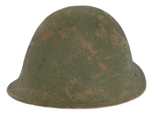 A World War II British Army combat helmet, painted green, with black leatherette interior, and...
