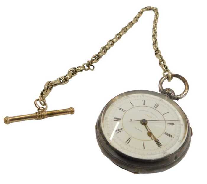 A George V silver-cased chronograph photo watch, with white enamel dial, numbered 59733, in...