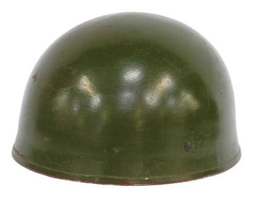 A green painted British military helmet, the leather and rubbed liner stamped C.C.L 7&frac14; 1955,...