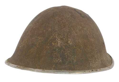 A British Army Mk 2 or Mk 3 steel turtle helmet, with fold over rim, 28cm x 31cm. (AF)