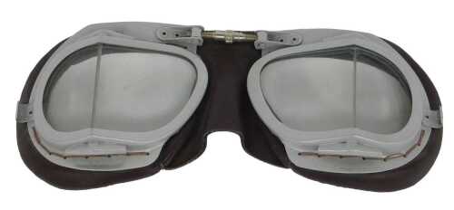 A pair of Halcyon Mk 49 brown leather and aluminium goggles, stamped BS4110, lacking strap, 20cm...