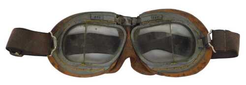 A pair of RAF Mk VIII grey painted brass flying goggles, with leather padding and elasticated...