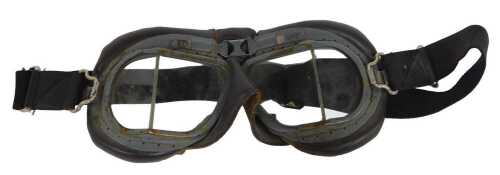 A pair of RAF Mk VIII grey painted brass flying goggles, with leather padding and elasticated...