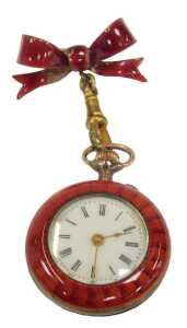 An Argent Dore late 19th/early 20thC enamel fob watch, with red enamel half Hunter face and back,...