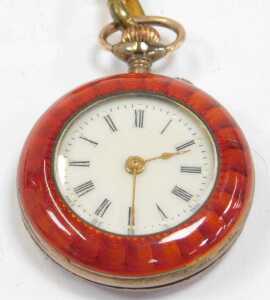 An Argent Dore late 19th/early 20thC enamel fob watch, with red enamel half Hunter face and back,... - 2
