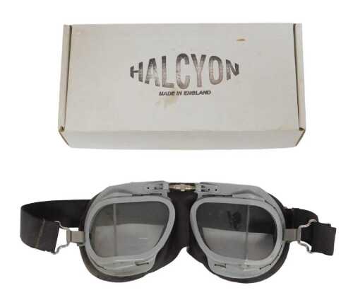 A pair of Halcyon Mk 9 aviation or motorcycle goggles, stamped BS4110, in associated box stamped...