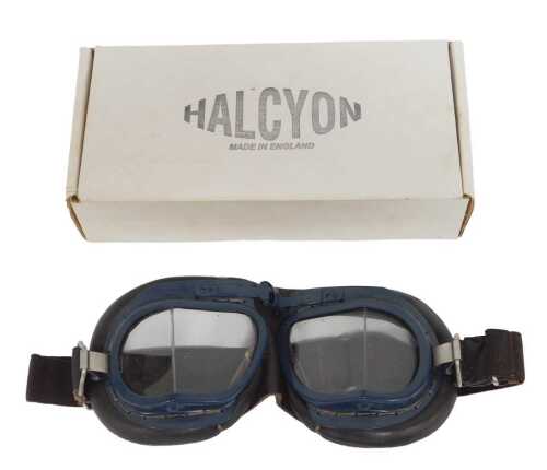 A pair of Halcyon Mk 8 style aviation or motorcycle goggles, painted in deep blue with brown...