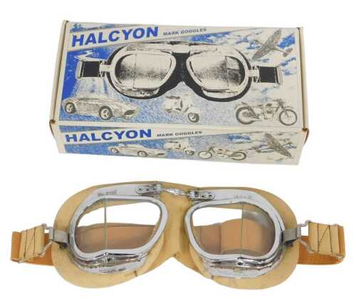 A pair of Halcyon Mk 8 motorcycle or aviation goggles, with chrome plated rims, cream leather...
