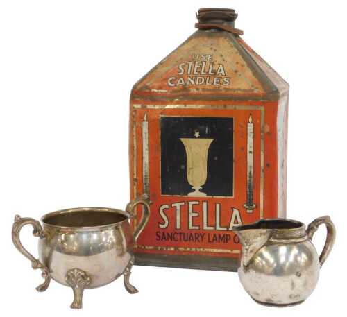 A Stella Sanctuary lamp oil tin or canister, a silver plated cream jug, possibly military use,...
