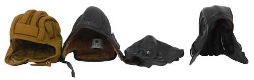 A Soviet Air Force canvas helmet, with Russian stamp to interior, a Belgian Army leather...