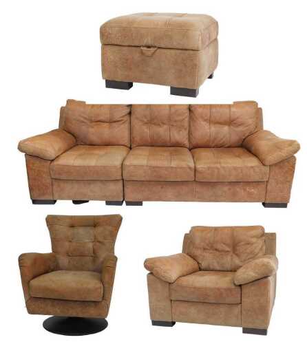 A brown leather sofa suite, comprising a three seater sofa, an armchair with a footstool,...