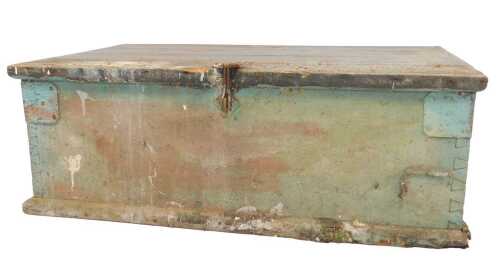 A green painted pine tool chest, containing various woodworking tools, to include block plane,...