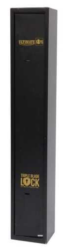 An Ultimate-Safe black painted gun safe, with triple blade lock, two keys, 145cm high, 24cm wide,...