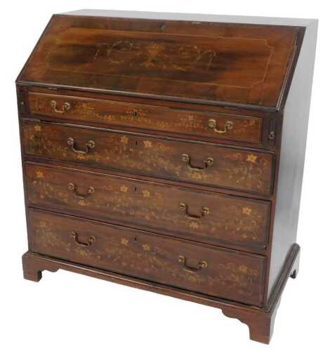 A George III mahogany bureau, the later inlaid fall enclosing a fitted interior, above four...