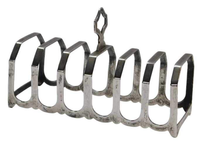 A George VI silver six division toast rack, Henry Pidduck and Sons, Birmingham 1938, 1.61oz,...