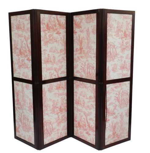 A 19thC mahogany four-fold screen, each panel inset with red toile fabric, 168cm high, 200cm wide.