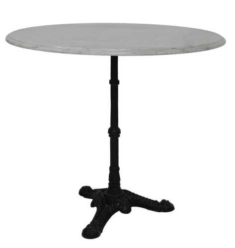 A marble and cast iron cafe table, the circular top with a moulded edge, reeded base, and...
